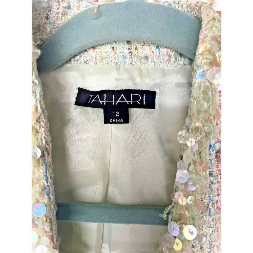 Tahari 2 Pc Boucle Tweed Skirt Suit Set Size 12 Sequin Trim Pastel Career - Picture 4 of 16
